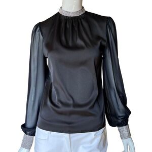 Generation Love Ashley Crystal Trim Black Satin Blouse Sheer Sleeves Sz XS NWOT